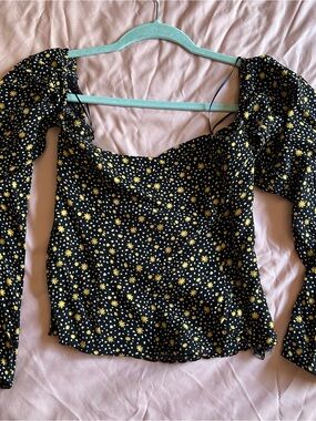 Reformation Black Puff-Sleeve Square Neck Floral Top